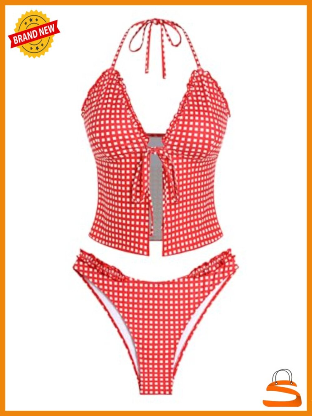 ZAFUL Tie Front Smocked Ruffle Tankini Swimsuit Set